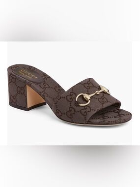 GUCCI Siaga Horsebit Slide Sandals Brown Size EU 38 US 8